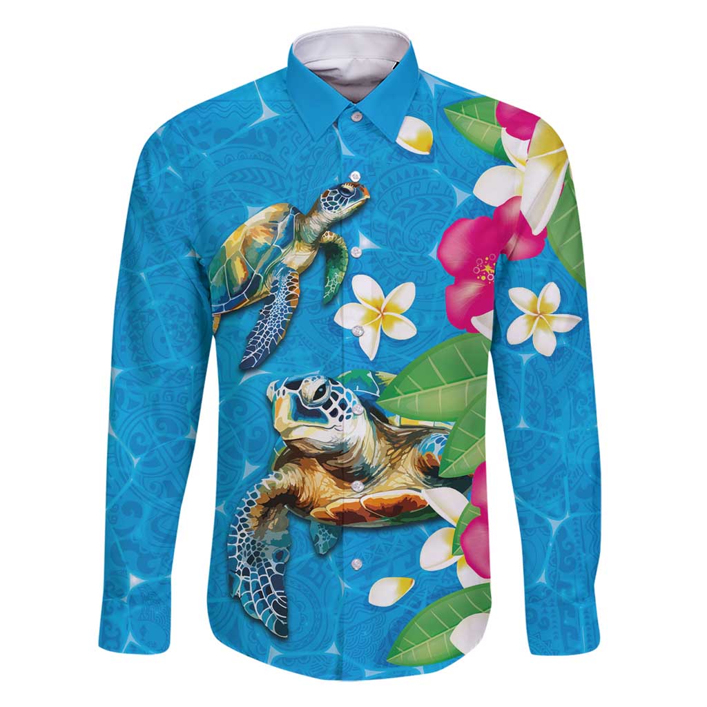 Hawaiian Tropical Flower and Honu Under Blue Water Family Matching Long Sleeve Bodycon Dress and Hawaiian Shirt LT03 Dad's Shirt - Long Sleeve Blue - Polynesian Pride