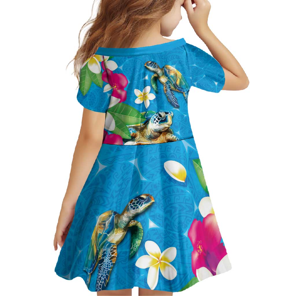 Hawaiian Tropical Flower and Honu Under Blue Water Family Matching Mermaid Dress and Hawaiian Shirt