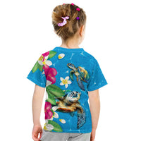 Hawaiian Tropical Flower and Honu Under Blue Water Kid T Shirt