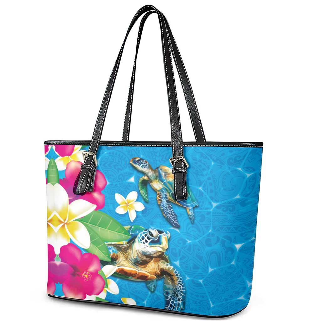 Hawaiian Tropical Flower and Honu Under Blue Water Leather Tote Bag