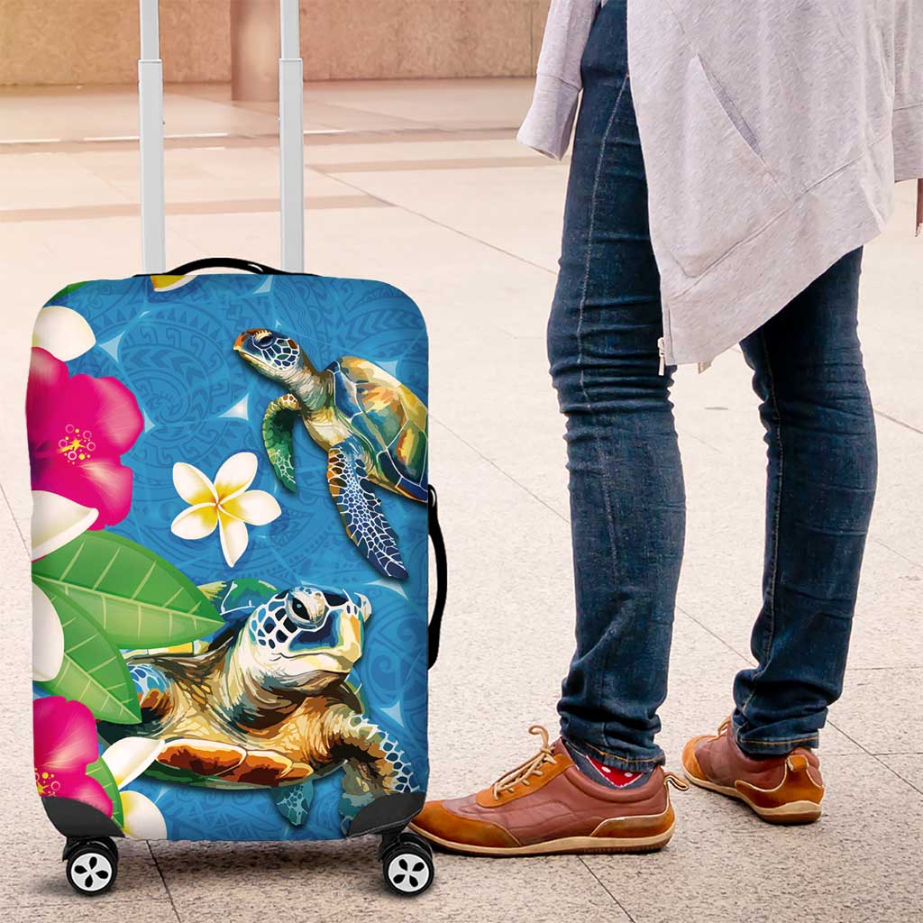 Hawaiian Tropical Flower and Honu Under Blue Water Luggage Cover