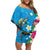 Hawaiian Tropical Flower and Honu Under Blue Water Off Shoulder Short Dress