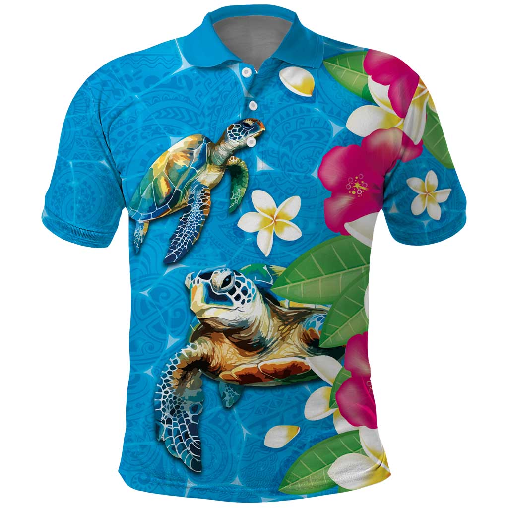 Hawaiian Tropical Flower and Honu Under Blue Water Polo Shirt