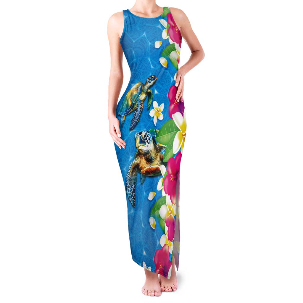 Hawaiian Tropical Flower and Honu Under Blue Water Tank Maxi Dress