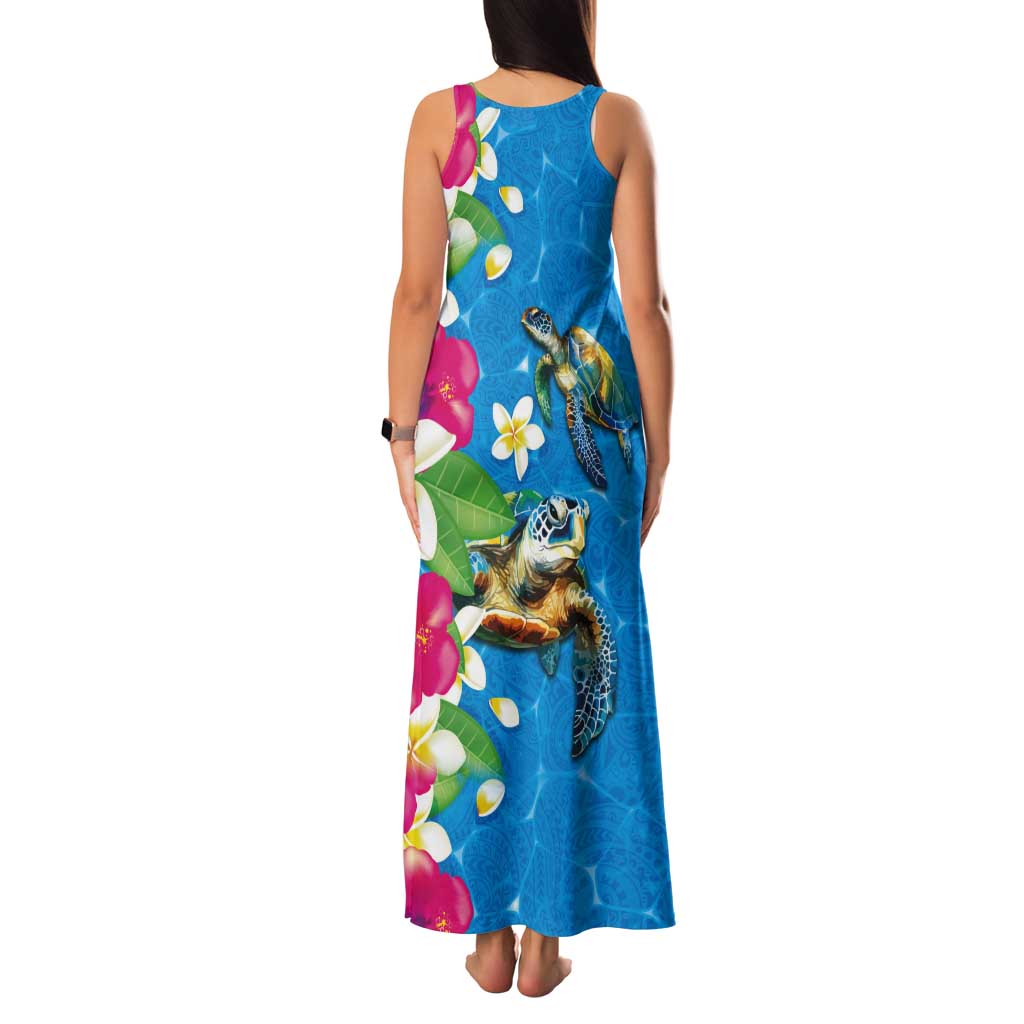 Hawaiian Tropical Flower and Honu Under Blue Water Tank Maxi Dress