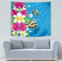 Hawaiian Tropical Flower and Honu Under Blue Water Tapestry