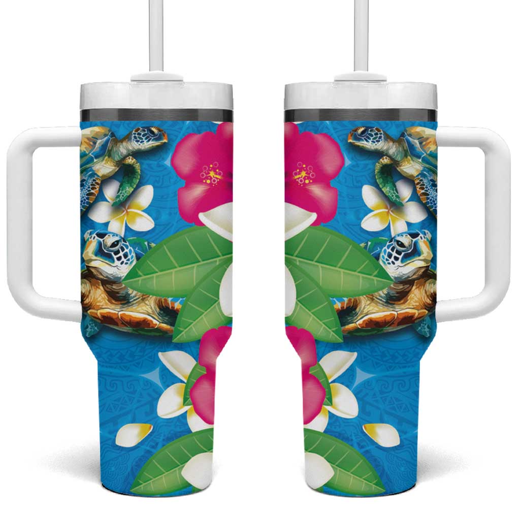 Hawaiian Tropical Flower and Honu Under Blue Water Tumbler With Handle