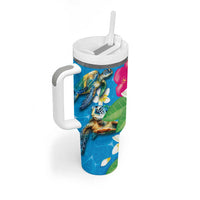 Hawaiian Tropical Flower and Honu Under Blue Water Tumbler With Handle
