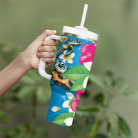 Hawaiian Tropical Flower and Honu Under Blue Water Tumbler With Handle