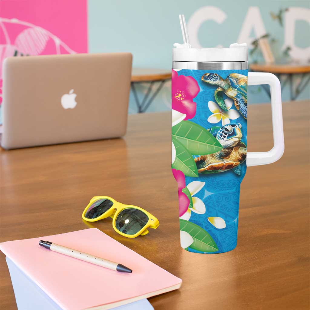 Hawaiian Tropical Flower and Honu Under Blue Water Tumbler With Handle