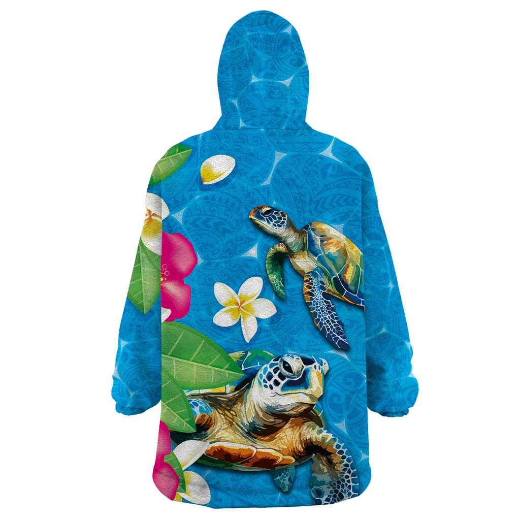 Hawaiian Tropical Flower and Honu Under Blue Water Wearable Blanket Hoodie