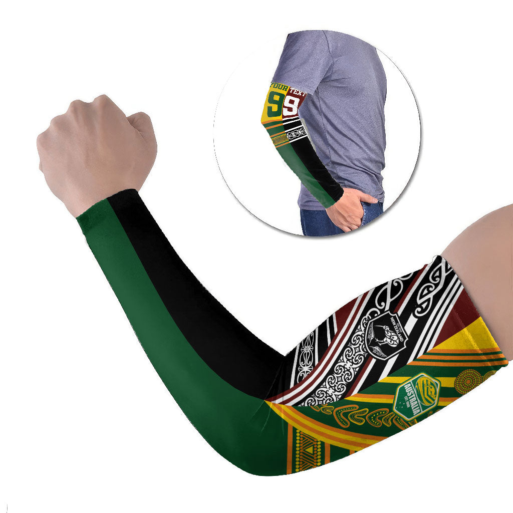 Custom Rugby New Zealand and Australia Arm Sleeves Burgundy Koru Geometric with Aboriginal Chevron Sport Style LT03 Set of 2 Multicolor - Polynesian Pride