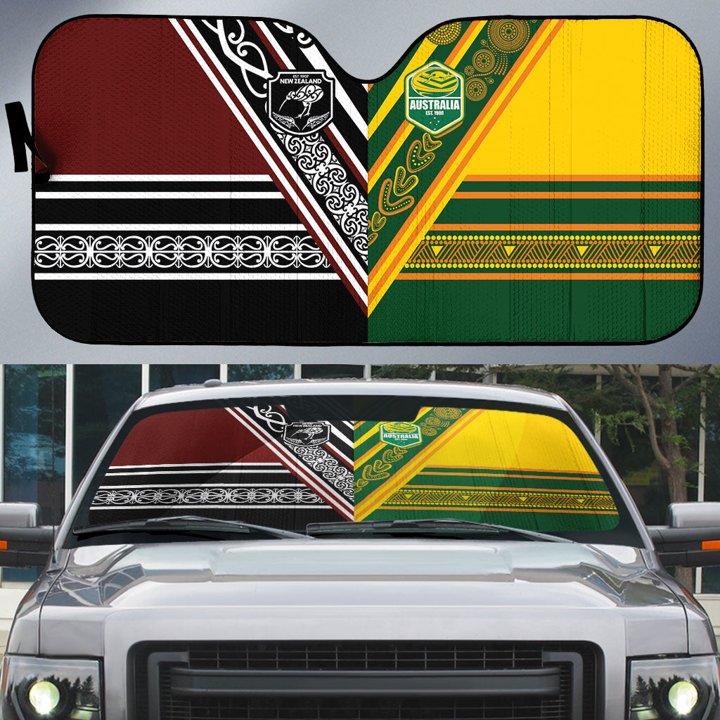 Rugby New Zealand and Australia Auto Sun Shade Burgundy Koru Geometric with Aboriginal Chevron Sport Style LT03 Multicolor - Polynesian Pride