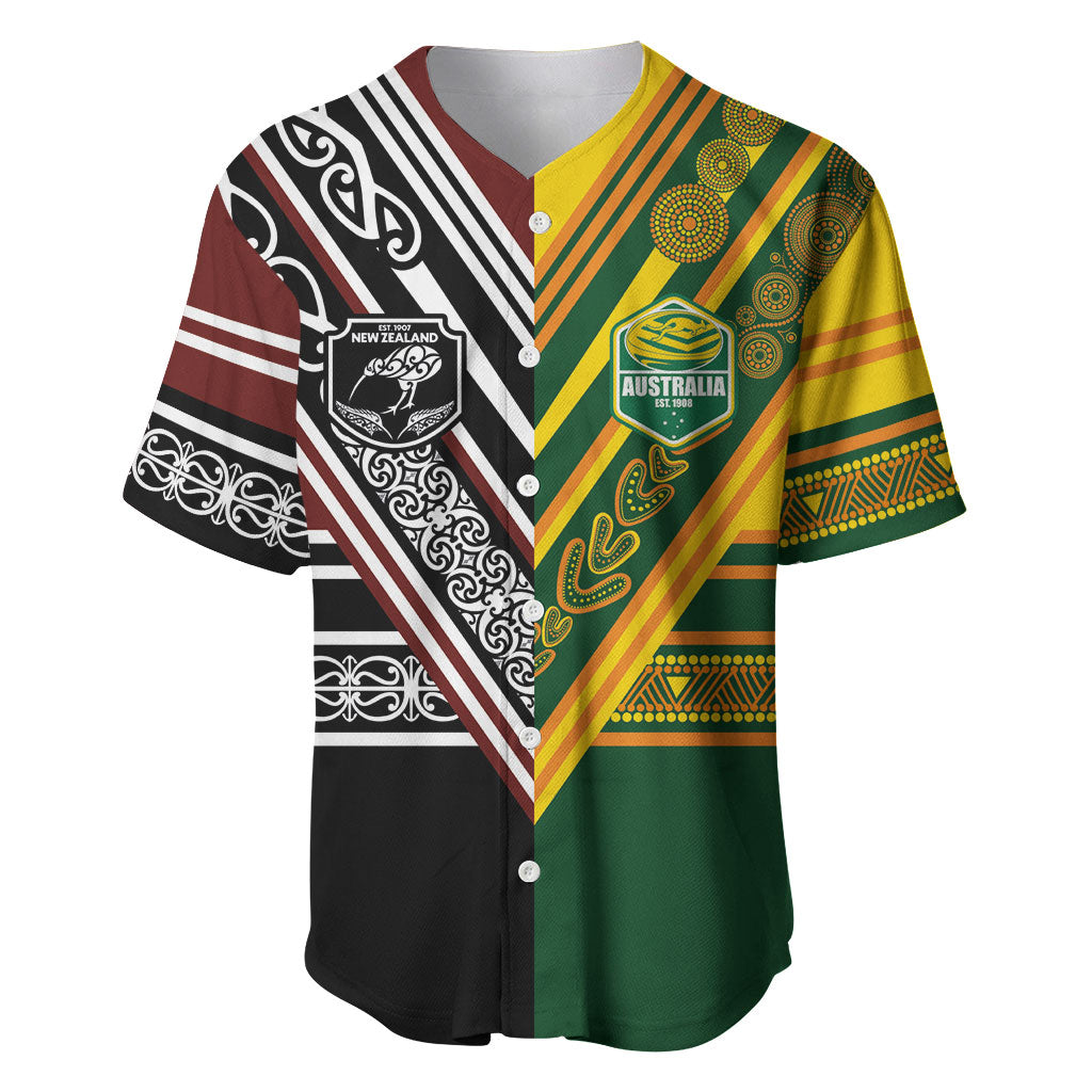 Custom Rugby New Zealand and Australia Baseball Jersey Burgundy Koru Geometric with Aboriginal Chevron Sport Style LT03 Multicolor - Polynesian Pride