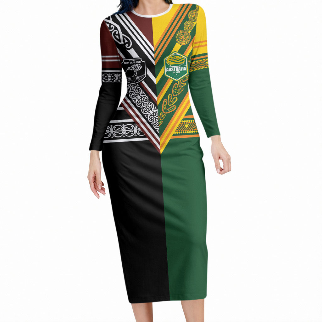 Custom Rugby New Zealand and Australia Long Sleeve Bodycon Dress Burgundy Koru Geometric with Aboriginal Chevron Sport Style LT03 Long Dress Multicolor - Polynesian Pride