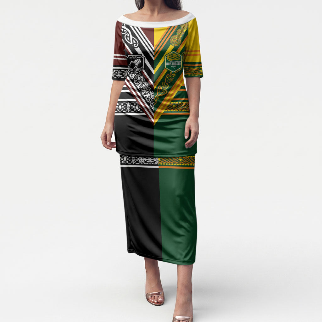 Custom Rugby New Zealand and Australia Puletasi Burgundy Koru Geometric with Aboriginal Chevron Sport Style LT03 Long Dress Multicolor - Polynesian Pride