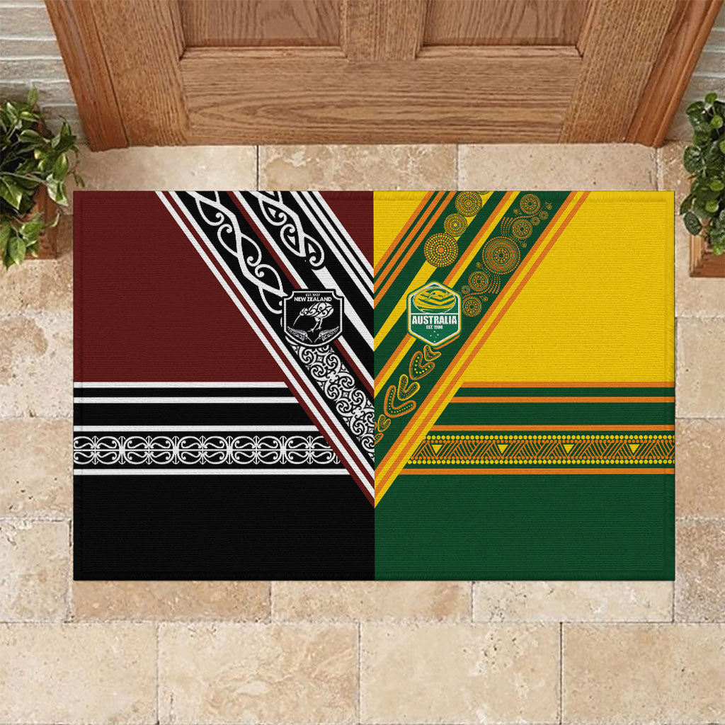 Rugby New Zealand and Australia Rubber Doormat Burgundy Koru Geometric with Aboriginal Chevron Sport Style LT03 Multicolor - Polynesian Pride