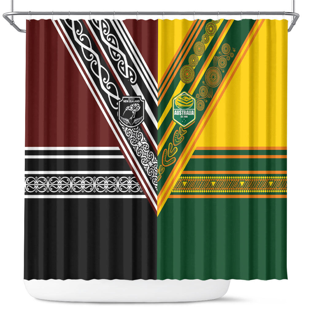 Rugby New Zealand and Australia Shower Curtain Burgundy Koru Geometric with Aboriginal Chevron Sport Style LT03 Multicolor - Polynesian Pride