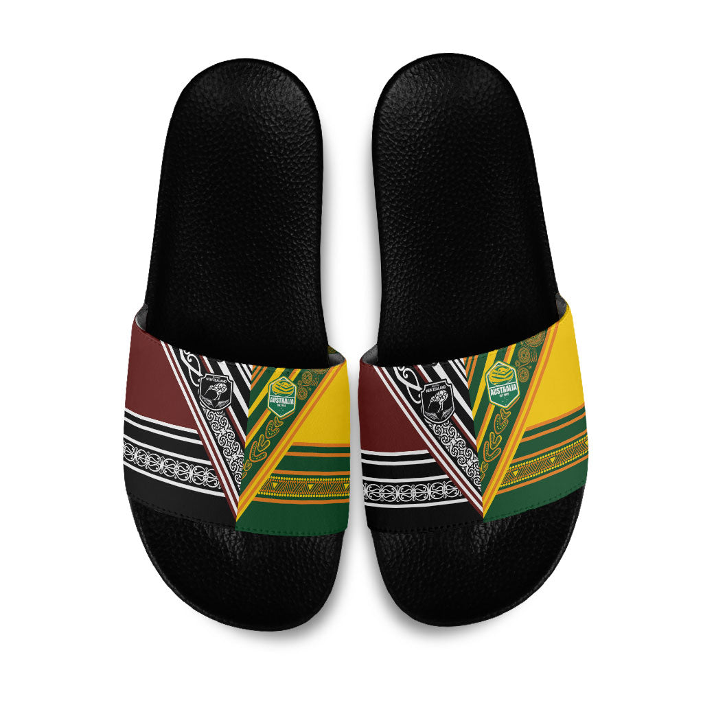 Rugby New Zealand and Australia Slide Sandals Burgundy Koru Geometric with Aboriginal Chevron Sport Style LT03 Multicolor - Polynesian Pride