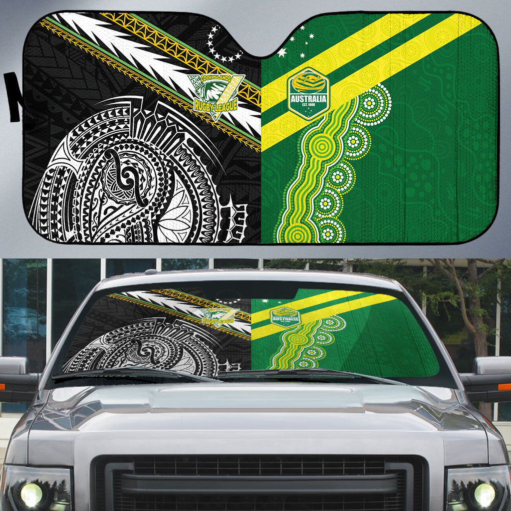 Rugby Cook Islands and Australia Auto Sun Shade Tatau Tribal with Aboriginal Chevron Sport Style LT03 Multicolor - Polynesian Pride