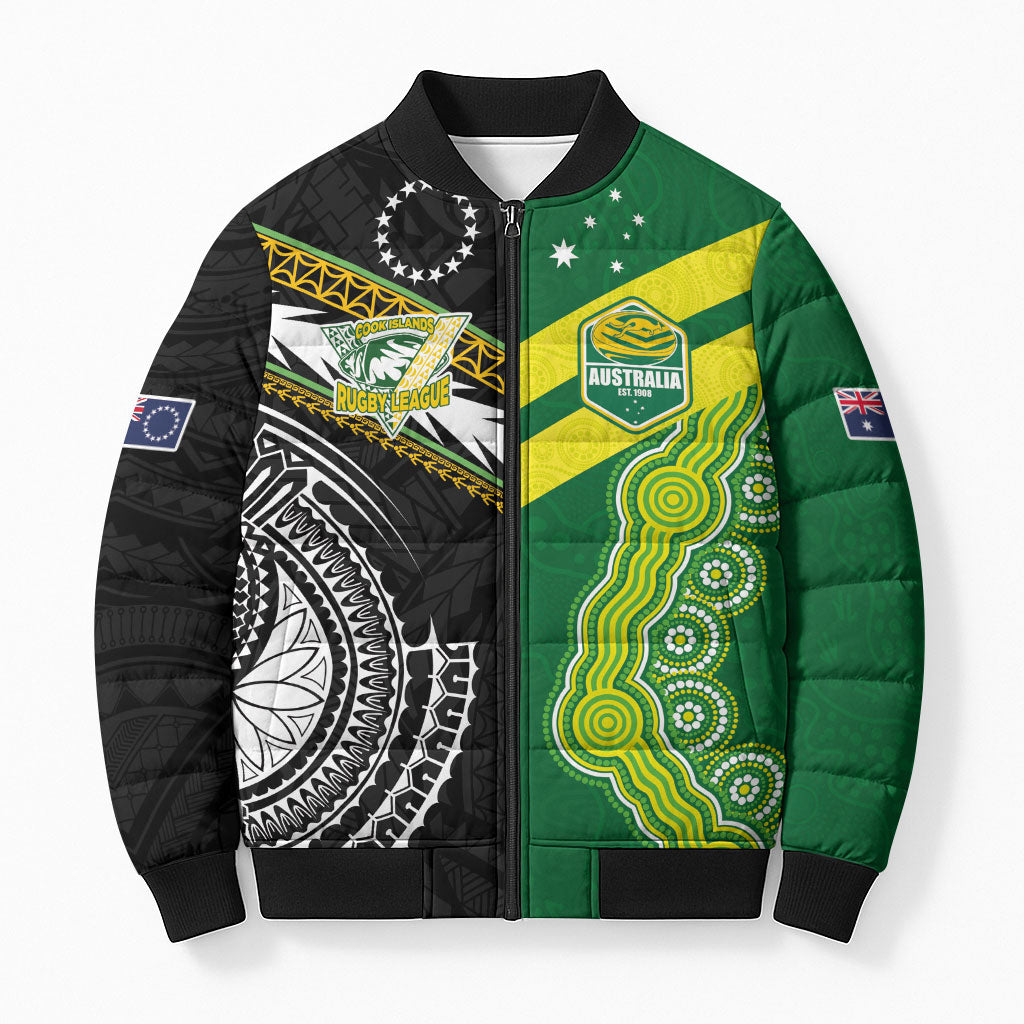 Custom Rugby Cook Islands and Australia Bomber Puffer Jacket Tatau Tribal with Aboriginal Chevron Sport Style LT03 Unisex Multicolor - Polynesian Pride