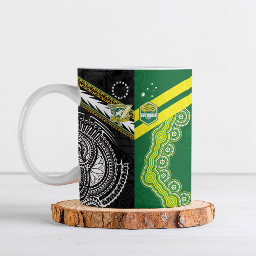 Custom Rugby Cook Islands and Australia Ceramic Mug Tatau Tribal with Aboriginal Chevron Sport Style LT03 Multicolor - Polynesian Pride