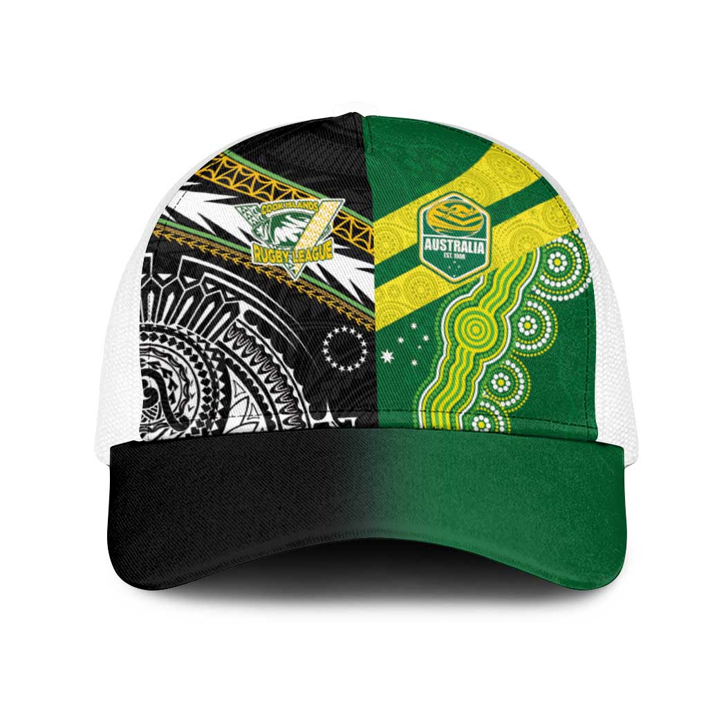 Cook Islands and Australia Rugby Mesh Trucker Cap Tatau Tribal with Aboriginal Chevron Sport Style LT03 One Size White Multicolor - Polynesian Pride