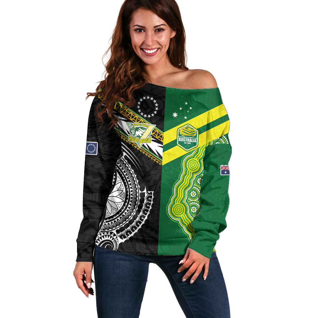 Custom Rugby Cook Islands and Australia Off Shoulder Sweater Tatau Tribal with Aboriginal Chevron Sport Style LT03 Women Multicolor - Polynesian Pride