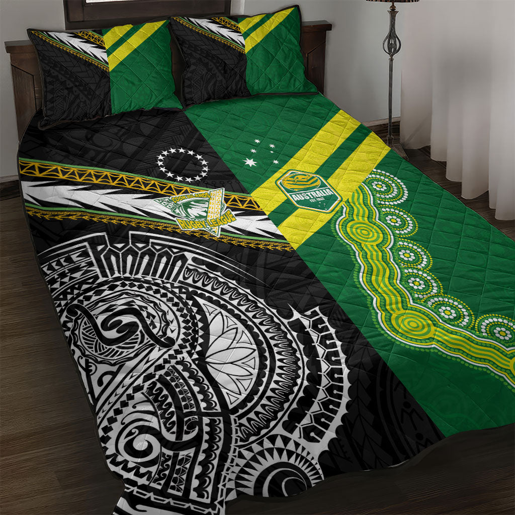 Rugby Cook Islands and Australia Quilt Bed Set Tatau Tribal with Aboriginal Chevron Sport Style LT03 Multicolor - Polynesian Pride