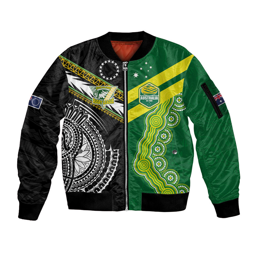 Custom Rugby Cook Islands and Australia Sleeve Zip Bomber Jacket Tatau Tribal with Aboriginal Chevron Sport Style LT03 Unisex Multicolor - Polynesian Pride