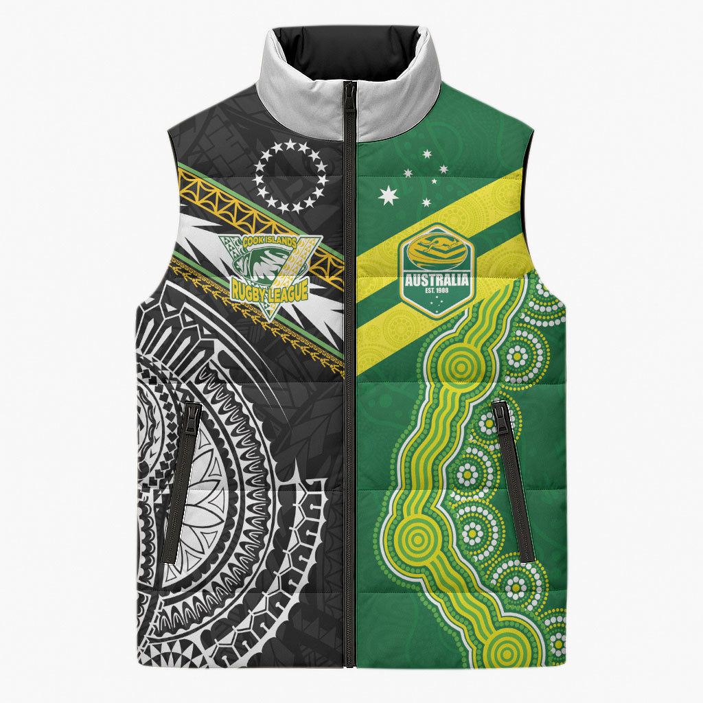 Custom Rugby Cook Islands and Australia Sleeveless Puffer Jacket Tatau Tribal with Aboriginal Chevron Sport Style LT03 Unisex Multicolor - Polynesian Pride