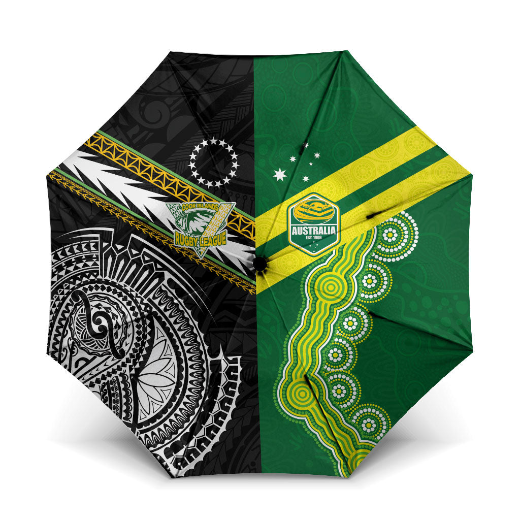 Rugby Cook Islands and Australia Umbrella Tatau Tribal with Aboriginal Chevron Sport Style LT03 One Size Folded 11.42 inch Opened Diameter 37.4 inch Multicolor - Polynesian Pride