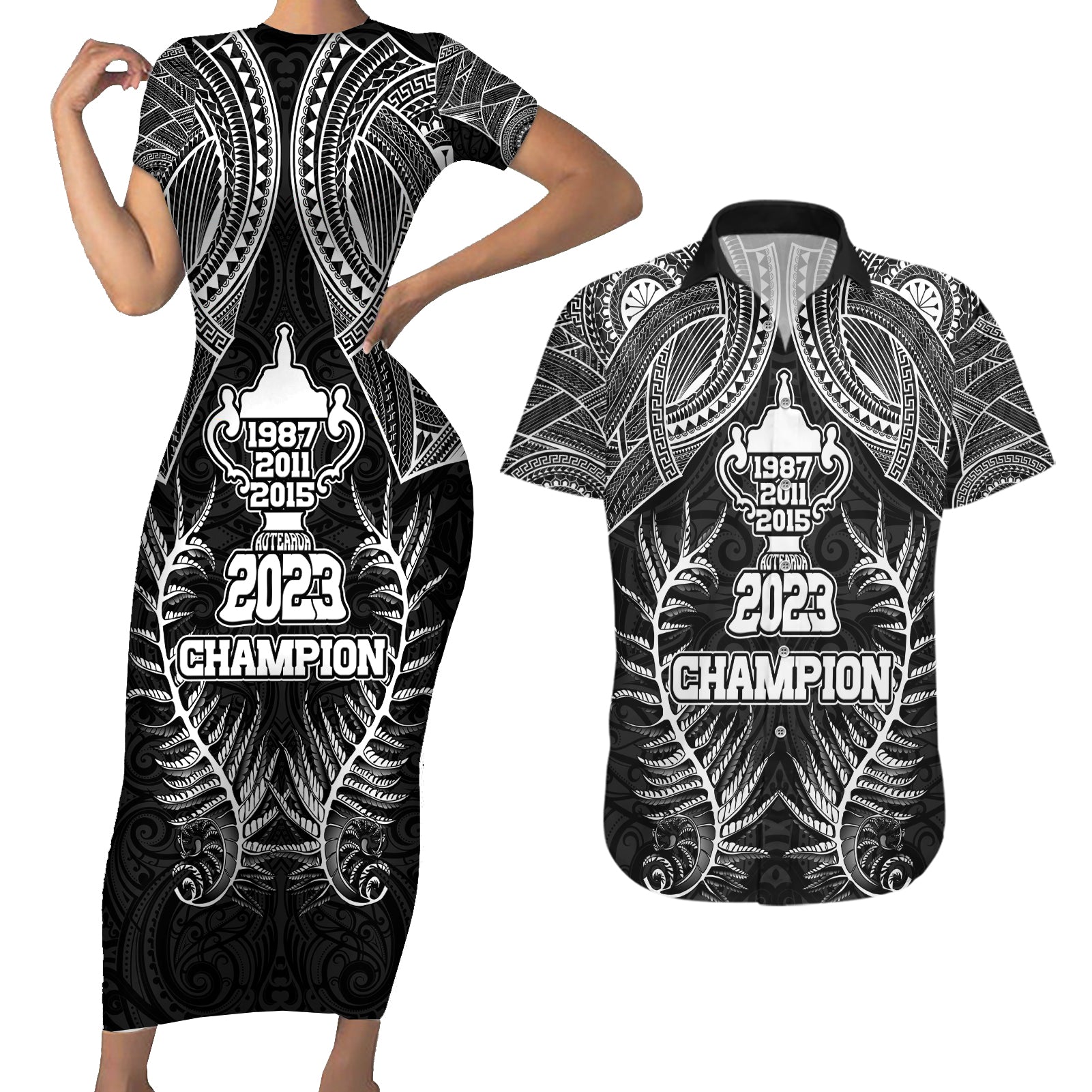 New Zealand Rugby Couples Matching Short Sleeve Bodycon Dress and Hawaiian Shirt Aotearoa Champion Cup History with Silver Fern LT03 Black - Polynesian Pride