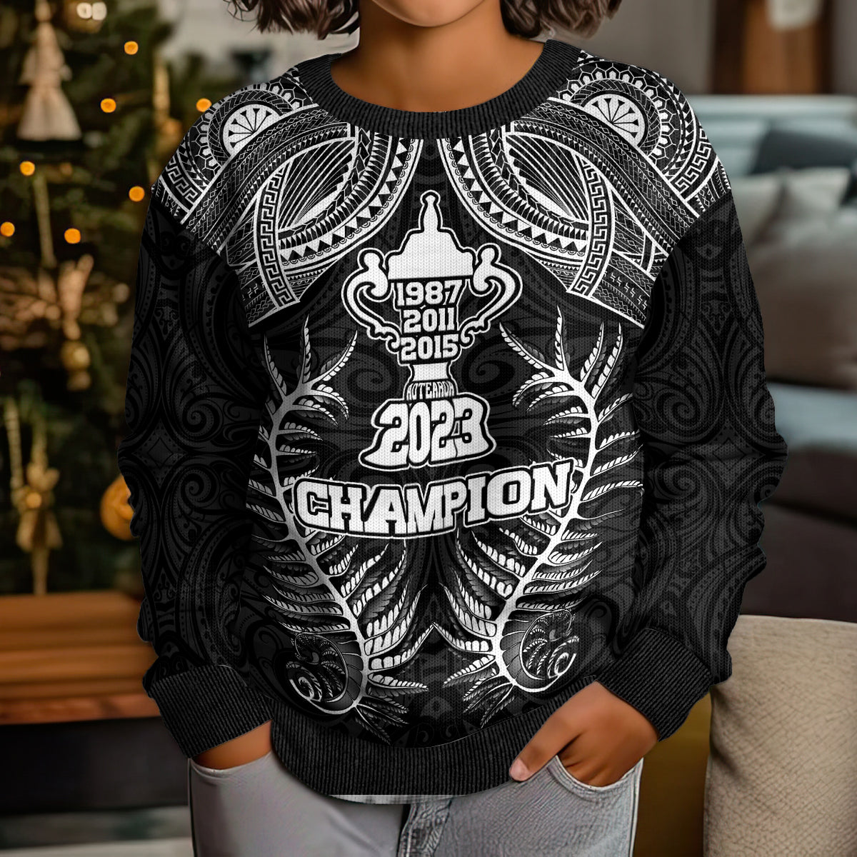 New Zealand Rugby Kid Ugly Christmas Sweater Aotearoa Champion Cup History with Silver Fern LT03 - Polynesian Pride