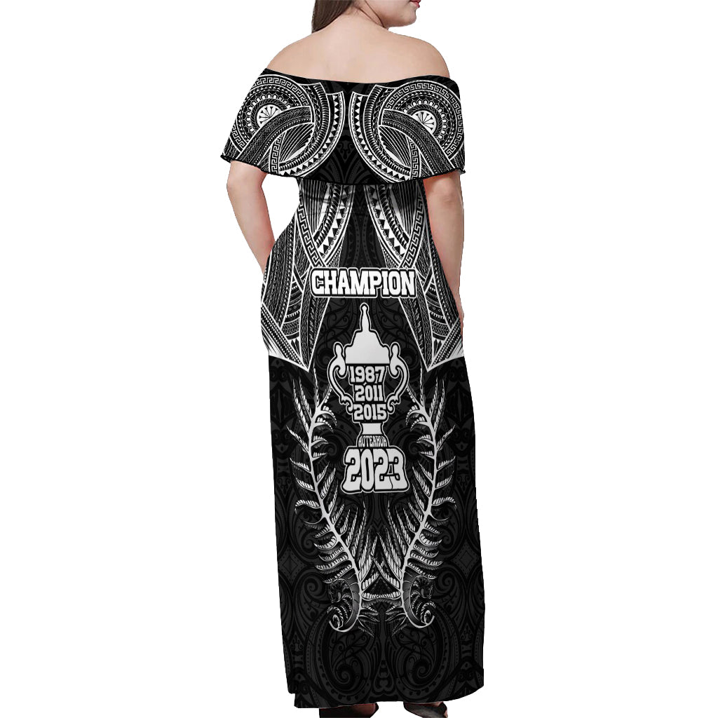 New Zealand Rugby Off Shoulder Maxi Dress Aotearoa Champion Cup History with Silver Fern LT03 - Polynesian Pride