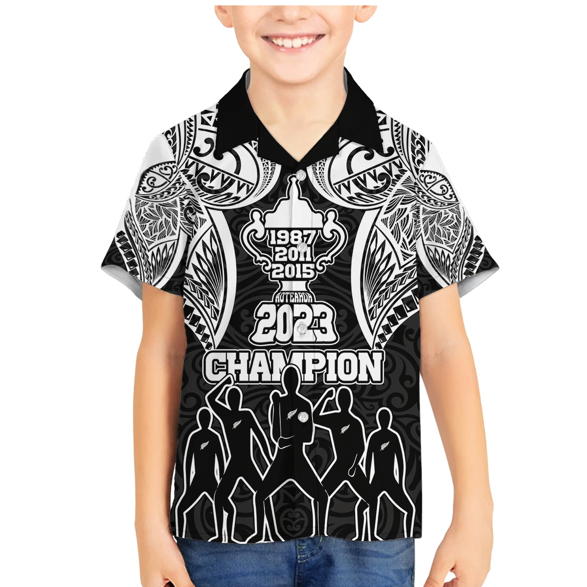 New Zealand Rugby Family Matching Mermaid Dress and Hawaiian Shirt Aotearoa Champion Cup History with Haka Dance LT03 Son's Shirt Black - Polynesian Pride