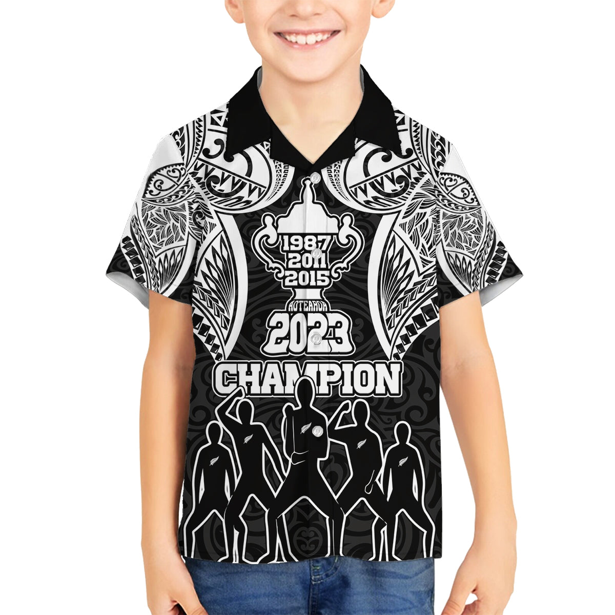 New Zealand Rugby Family Matching Off Shoulder Long Sleeve Dress and Hawaiian Shirt Aotearoa Champion Cup History with Haka Dance LT03 Son's Shirt Black - Polynesian Pride