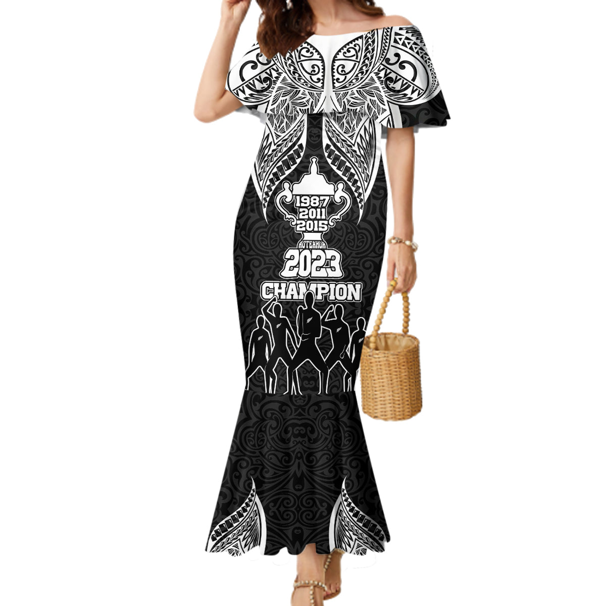 Personalised New Zealand Rugby Family Matching Mermaid Dress and Hawaiian Shirt Aotearoa Champion Cup History with Haka Dance LT03 Mom's Dress Black - Polynesian Pride