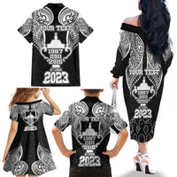 Personalised New Zealand Rugby Family Matching Off Shoulder Long Sleeve Dress and Hawaiian Shirt Aotearoa Champion Cup History with Haka Dance LT03 - Polynesian Pride