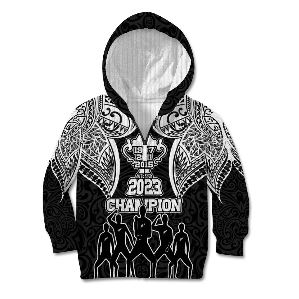 Personalised New Zealand Rugby Kid Hoodie Aotearoa Champion Cup History with Haka Dance LT03 Zip Hoodie Black - Polynesian Pride