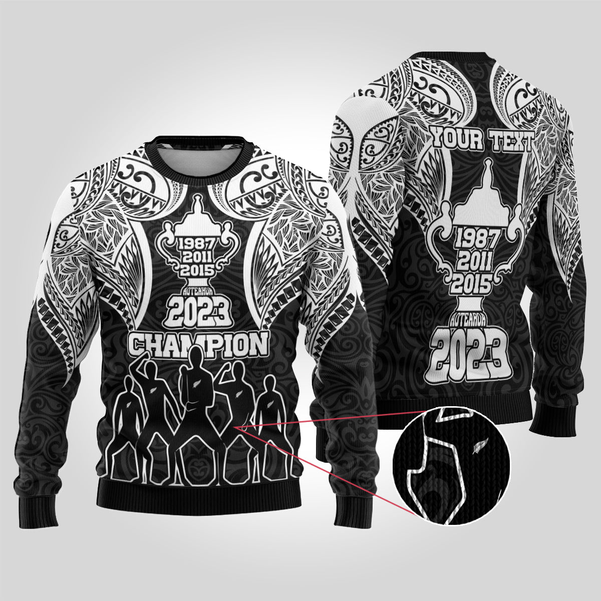 Personalised New Zealand Rugby Ugly Christmas Sweater Aotearoa Champion Cup History with Haka Dance LT03 Black - Polynesian Pride