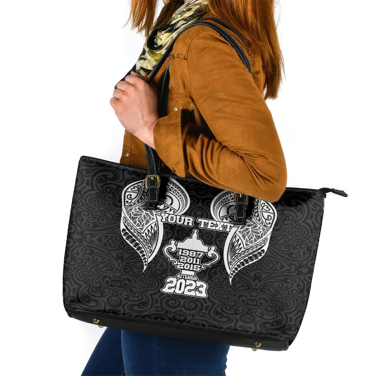 Personalised New Zealand Rugby Leather Tote Bag Aotearoa Champion Cup History with Haka Dance LT03 Black - Polynesian Pride