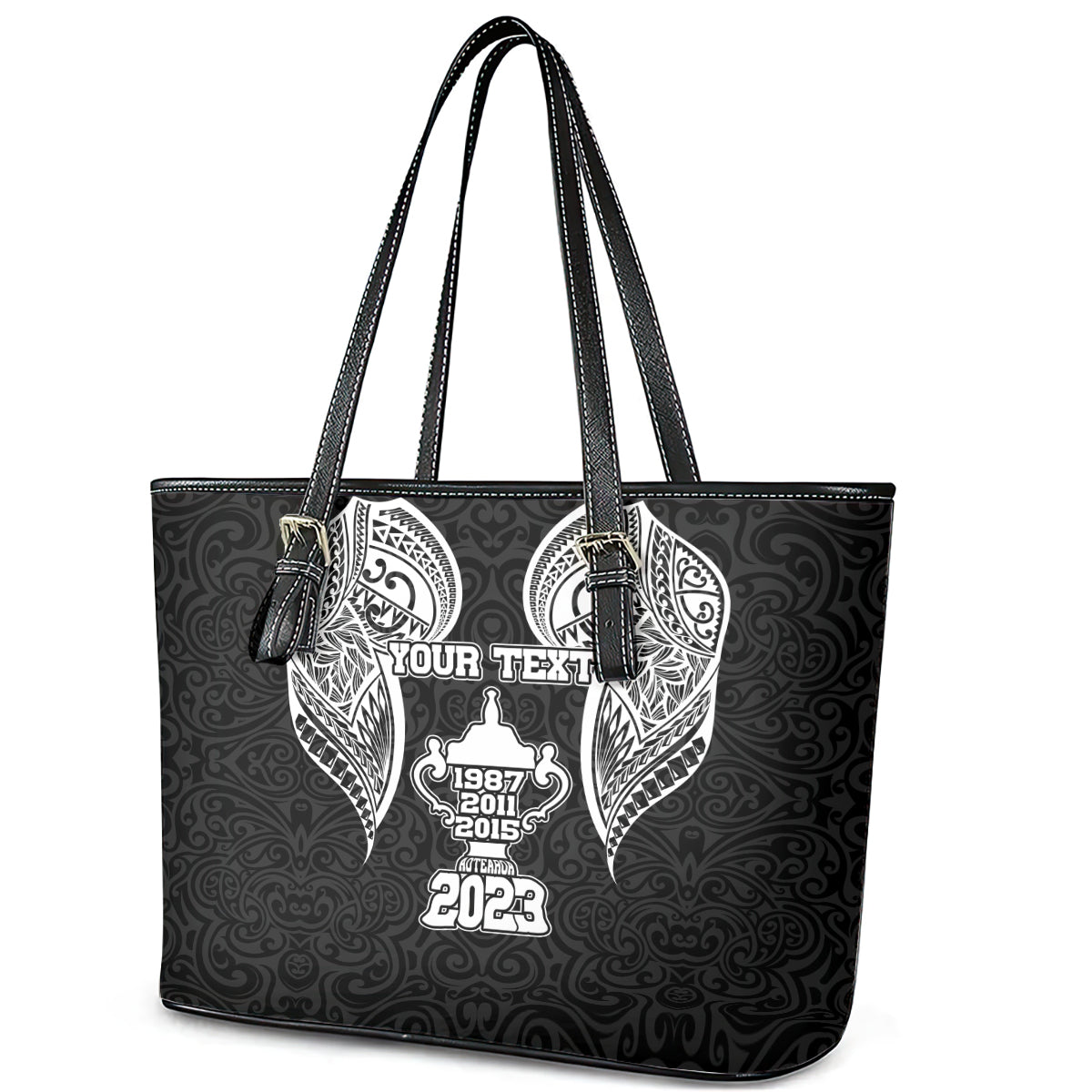 Personalised New Zealand Rugby Leather Tote Bag Aotearoa Champion Cup History with Haka Dance LT03 - Polynesian Pride