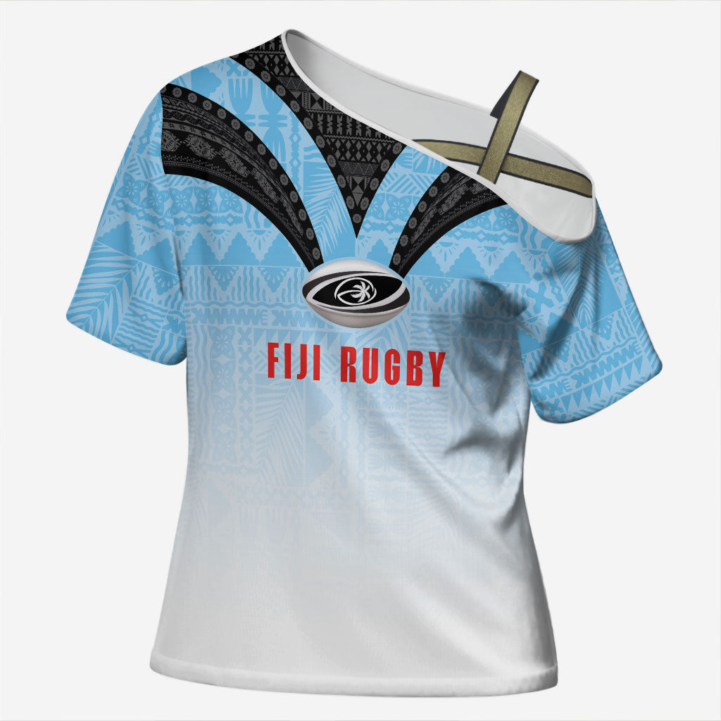 Custom Fijian Rugby Cross Shoulder Shirt Tapa Pattern Retro Sporty Style LT03 Female White - Polynesian Pride