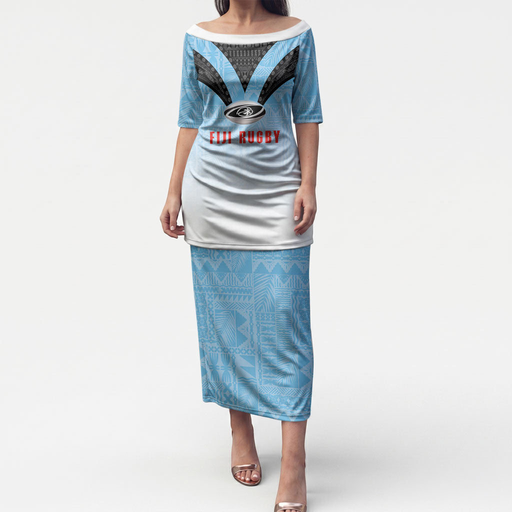 Custom Fijian Rugby Puletasi Tapa Pattern Retro Sporty Style LT03 Long Dress White - Polynesian Pride