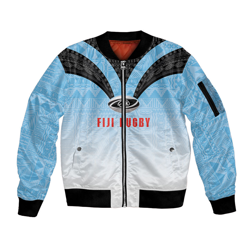 Custom Fijian Rugby Sleeve Zip Bomber Jacket Tapa Pattern Retro Sporty Style LT03 Unisex White - Polynesian Pride