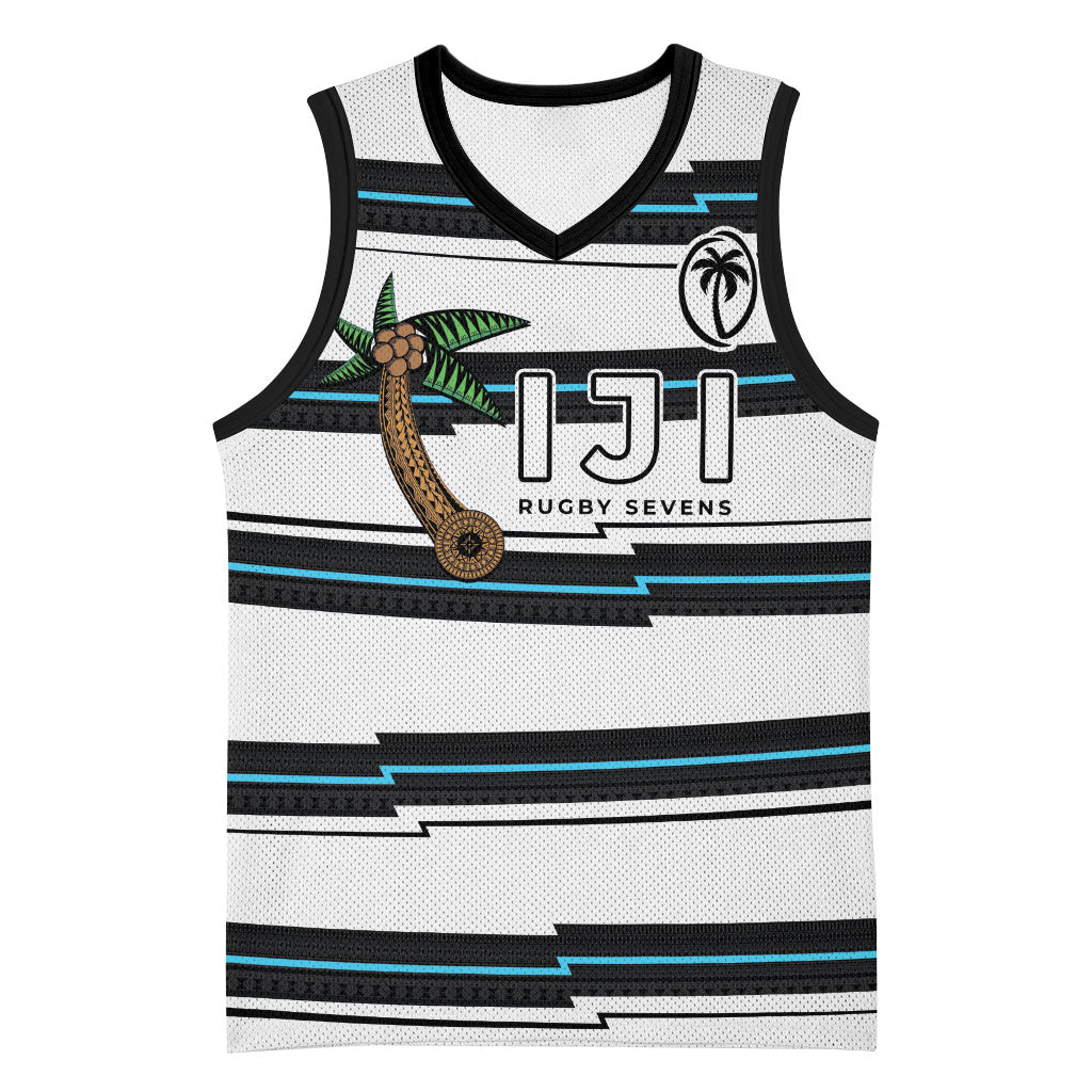 Custom Fijian Rugby Sevens Basketball Jersey Masi Tapa Pattern Stripes Sporty Style LT03 Unisex White - Polynesian Pride