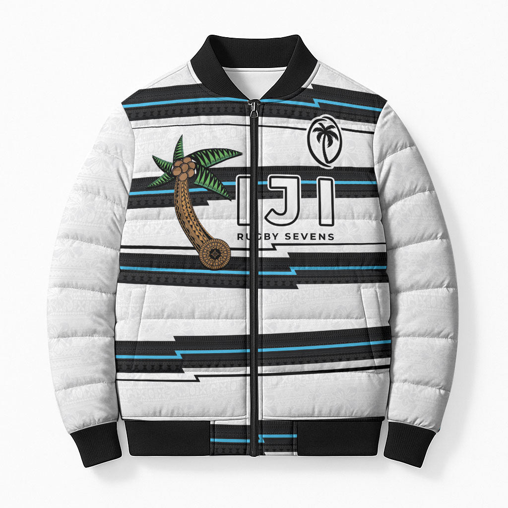 Custom Fijian Rugby Sevens Bomber Puffer Jacket Masi Tapa Pattern Stripes Sporty Style LT03 Unisex White - Polynesian Pride