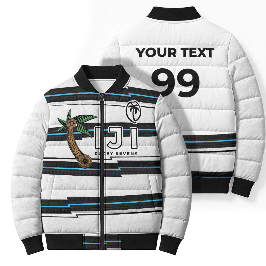 Custom Fijian Rugby Sevens Bomber Puffer Jacket Masi Tapa Pattern Stripes Sporty Style LT03 - Polynesian Pride