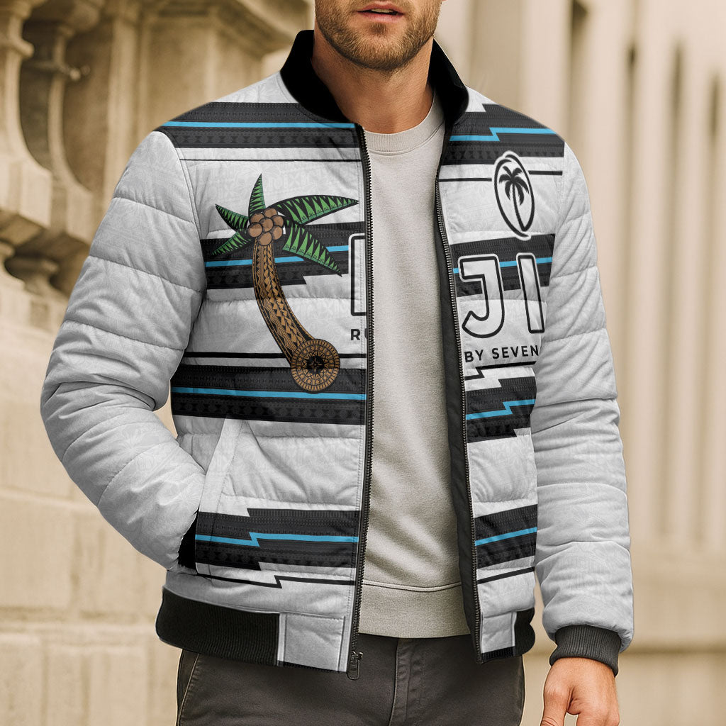 Custom Fijian Rugby Sevens Bomber Puffer Jacket Masi Tapa Pattern Stripes Sporty Style LT03 - Polynesian Pride